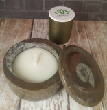 Ammonite candle box with thread spool size reference