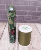 Ruby Fushite Zoisite Obelisk with thread spool size reference