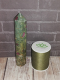Ruby Zoisite Obelisk from India with thread spool size reference
