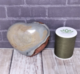 Polychrome Jasper Heart from Madagascar GGandJ.com with thread spool size reference