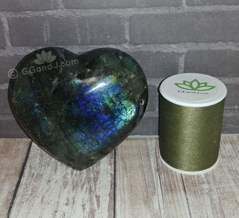 Labradorite Heart from Madagascar GGandJ.com with thread spool size reference