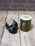 hand carved onyx gemstone skull with thread spool size reference