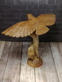 Rear view of wooden owl in flight carving
