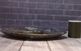 Side view of ammonite spiral plate on wood grain background with size reference