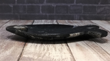 Side view of ammonite fish plate on wood grain background
