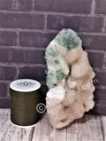 Green Apophyllite with Stilbite and thread spool size reference