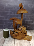 Hand carved frog on mushroom figure on Gypsy Gems & Jewelry GGandJ.com wood lizard wooden reptile  with thread spool size reference