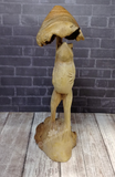 Hand carved frog under mushroom figure on Gypsy Gems & Jewelry GGandJ.com wood lizard wooden reptile  with thread spool size reference