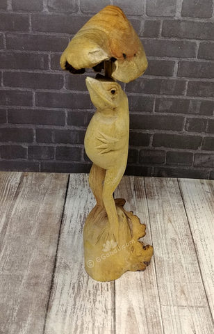 Hand carved frog under mushroom umbrella reptile figure on Gypsy Gems & Jewelry GGandJ.com wood lizard wooden reptile