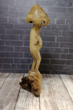 Rear view of wooden frog under mushroom umbrella