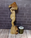 Wood frog with mushroom cap umbrella and thread spool size reference