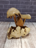 Hand carved mushroom figure on Gypsy Gems & Jewelry GGandJ.com wood lizard wooden reptile  with thread spool size reference