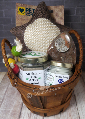 Cat gift basket GGandJ.com Fossil Fish Plate Flea Powder Wound Care Healing Salve