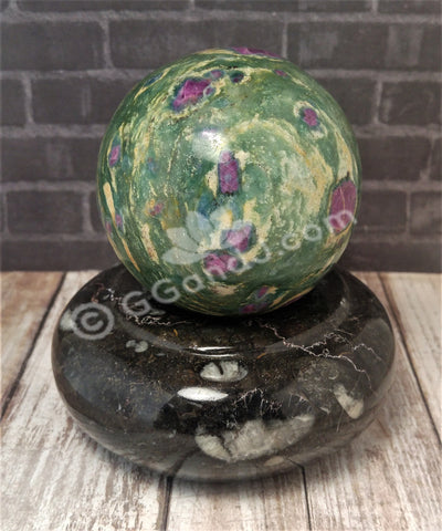 Fossil Candle Holder / Gemstone Stand with Ruby Zoisite Sphere GGandJ.com