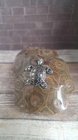 Sea turtle figure with patterned 3D back on hexagon pattern coral