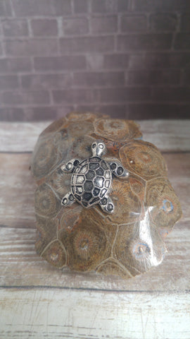 Sea turtle figure with patterned 3D back on hexagon pattern coral