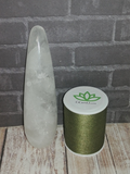 Clear Quartz Wand with thread spool size reference