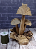 Back side wood frog on mushroom with thread spool size reference