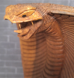 closeup of wood cobra face and fangs